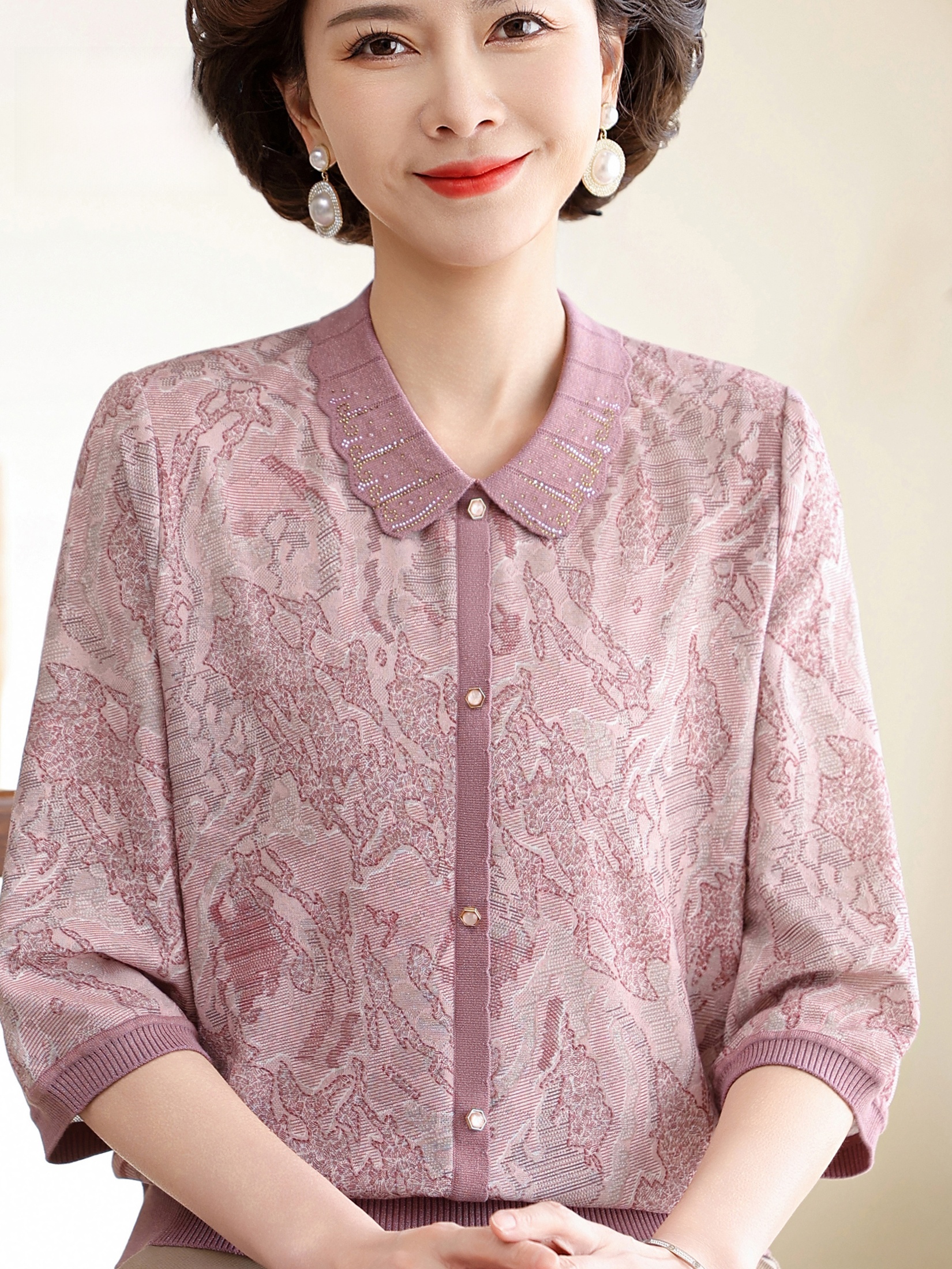 Women Fashion Over 60 - Floral Print Turn-down Collar Lightweight Short
