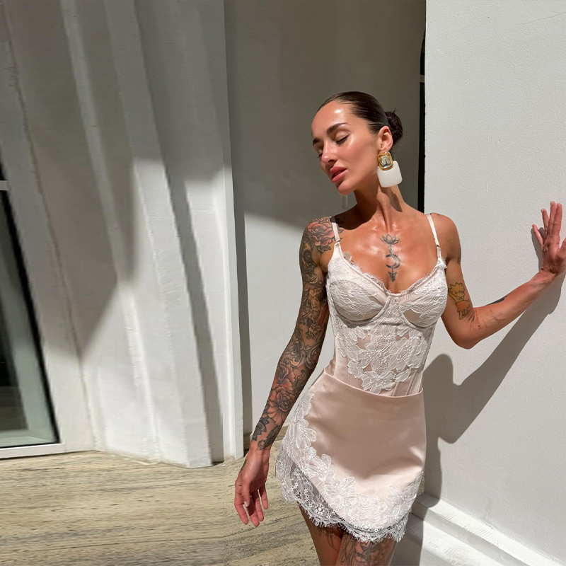 Blush Pink Lace Satin Two Piec - Corset Top Boned のレビューと価格