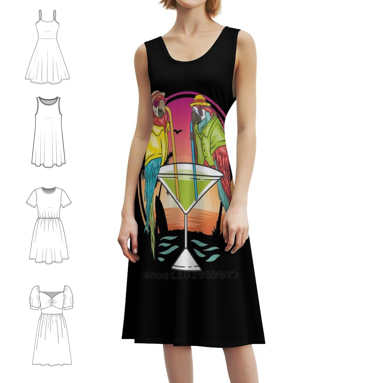 Parrots Drinking Margarita On  - Smocked Dress Women のレビューと価格