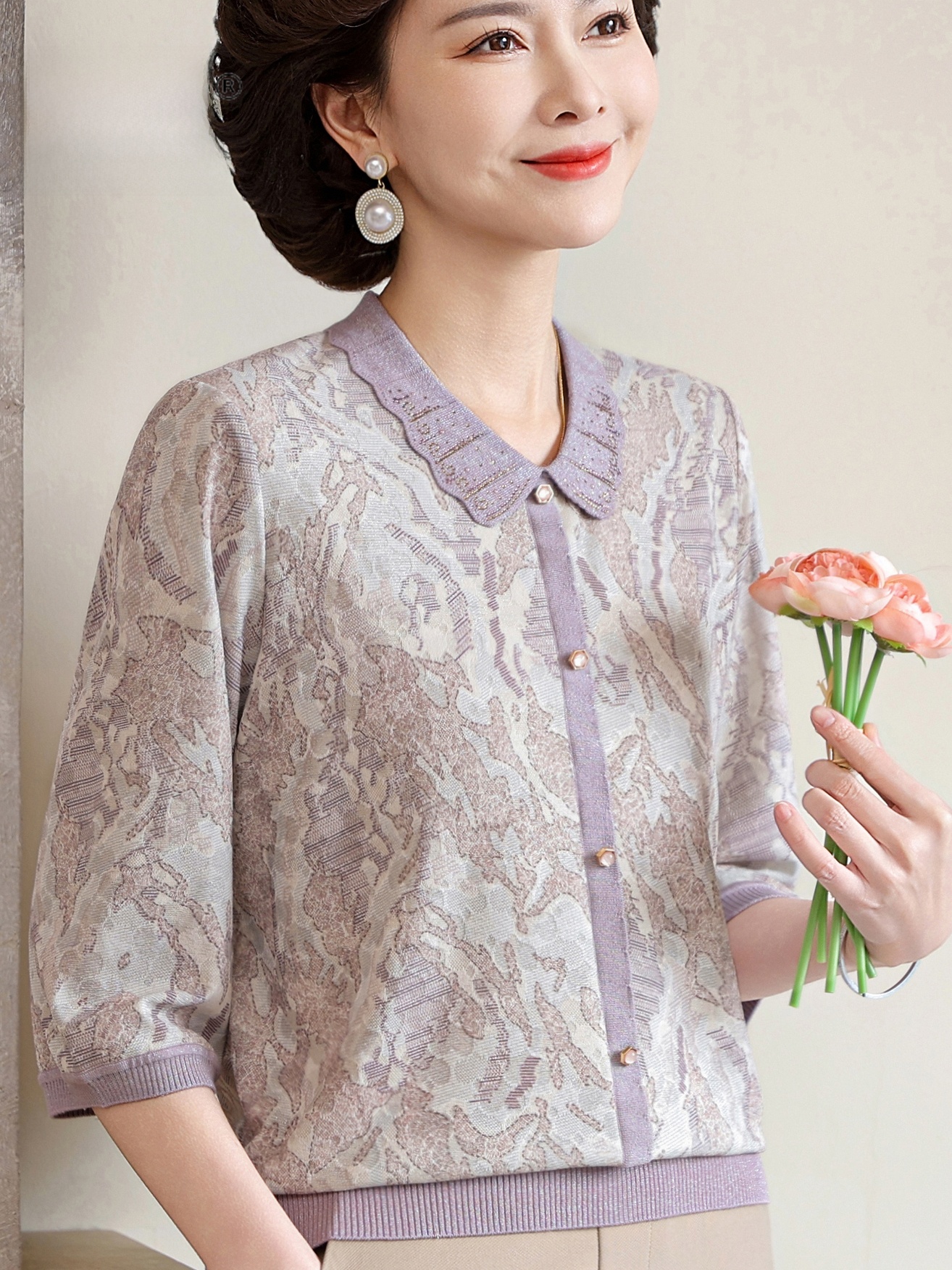 Floral Print Turn-down Collar  - Women Fashion Over 60 のレビューと価格
