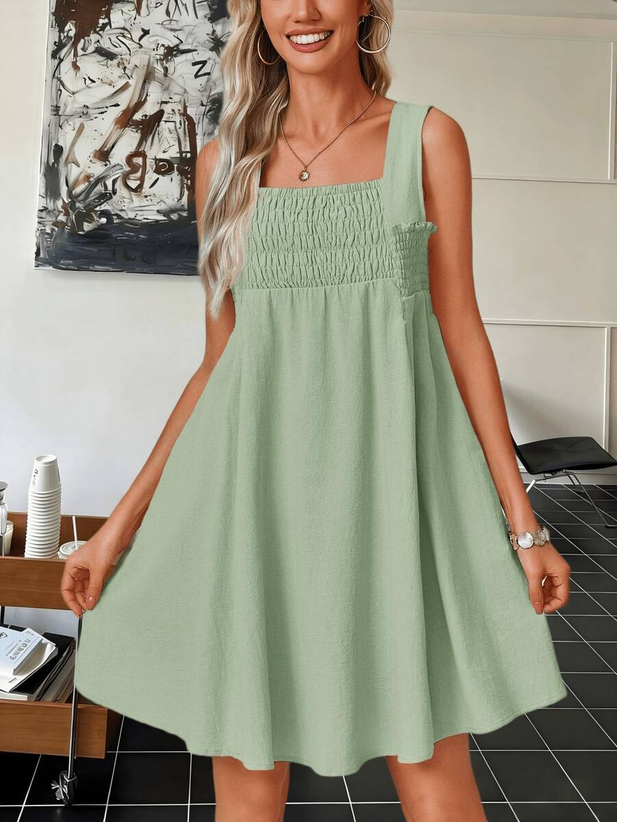 Women Summer Sleeveless Square - Smocked Dress Women のレビューと価格