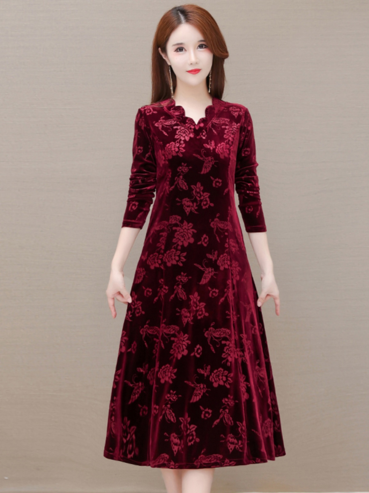 Elegant Velvet Dress V-Neck Mi - Women Fashion Over 60 のレビューと価格