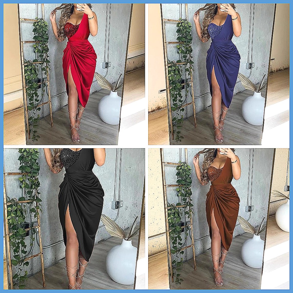 Sequin One Shoulder Slit Long  - Smocked Dress Women のレビューと価格