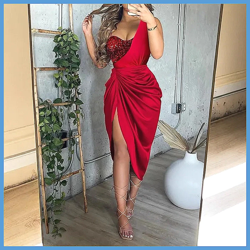 Sequin One Shoulder Slit Long  - Smocked Dress Women のレビューと価格