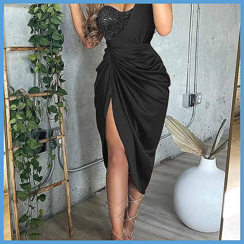Sequin One Shoulder Slit Long  - Smocked Dress Women のレビューと価格